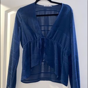 BCBGeneration Navy sheer textured tie waist blouse